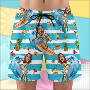 Custom Surfing Couple Hawaiian Shirt and Men Beach Shorts - Laughing Couple - Hawaiian Shirts - GoDuckee