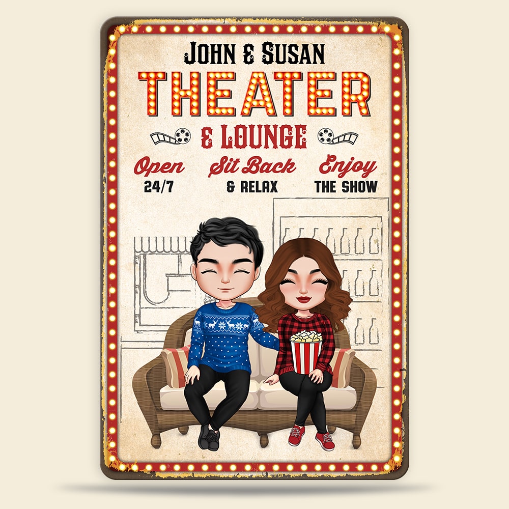 Theater & Lounge Sit Back & Relax Personalized Movie Couple Metal Sign, Gift For Couple - Metal Wall Art - GoDuckee