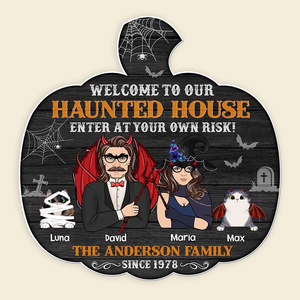 Welcome To Our Haunted House Personalized Halloween Family Wood Sign Gift For Cat Lovers - Wood Sign - GoDuckee