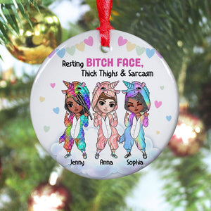 Resting Bitch Face, Thick Thighs & Sarcasm Personalized Unicorn Besties Ornament, Christmas Tree Decor - Ornament - GoDuckee