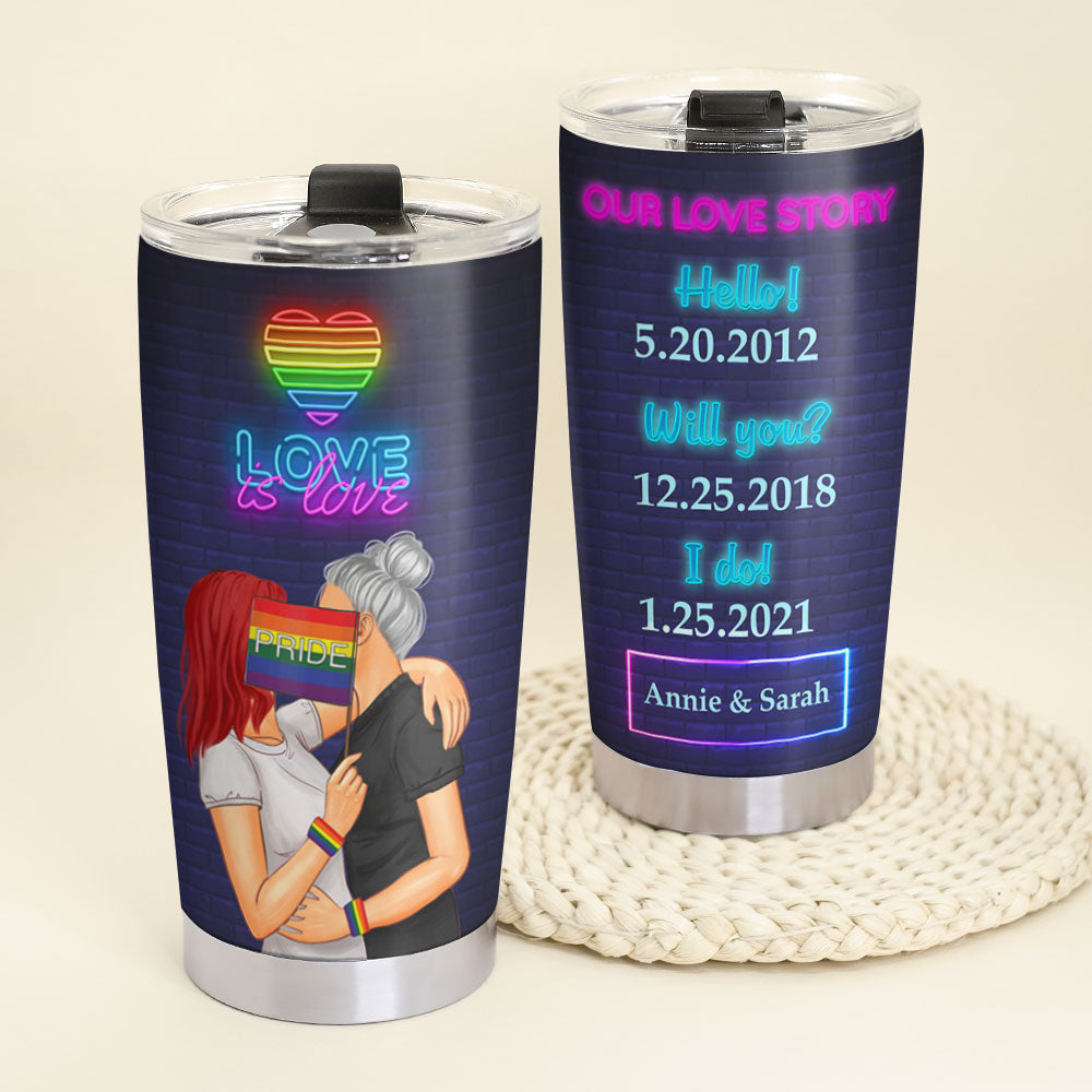 Personalized LGBT Couple Tumbler - Our Love Story, Hello Will You? I Do - Tumbler Cup - GoDuckee