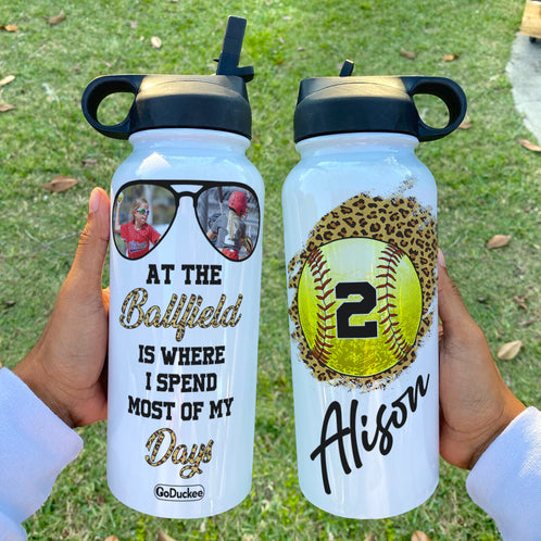Custom Softball Mom Photo Water Bottle - At The Ballfield Is Where I Spend Most Of My Days - Water Bottles - GoDuckee