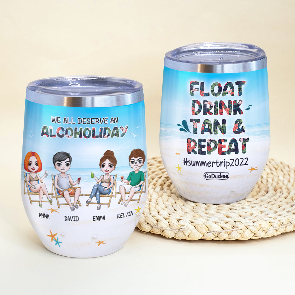 Friends Beach Party - Personalized Wine Tumbler - Alcoholiday, Float Drink Tan & Repeat - Tropical Pattern - Wine Tumbler - GoDuckee