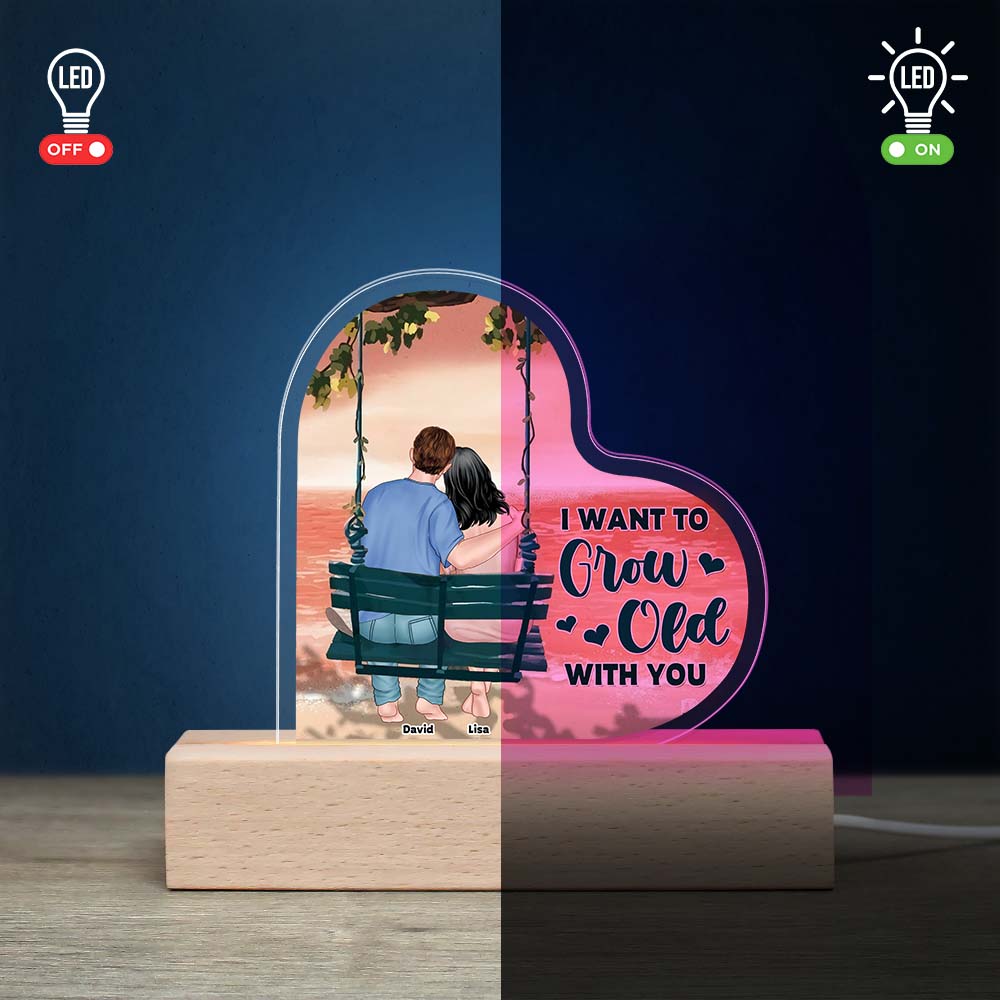 I Want To Grow Old With You, Couple Loving Led Light Wooden Base - Led Night Light - GoDuckee