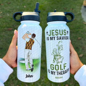 Jesus Is My Savior Golf Is My Therapy - Personalized Water Bottle - Water Bottles - GoDuckee