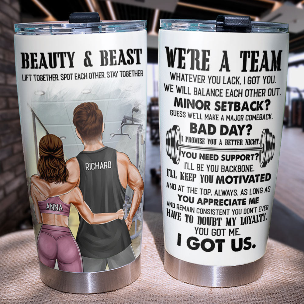 Fitness Couple Custom Tumbler Beauty And Beast Lift Together Stay
