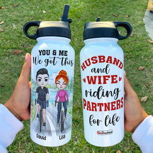 Personalized Cycling Couple Water Bottle - Husband And Wife Riding Partners For Life - Cycling Front View - Water Bottles - GoDuckee