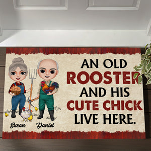 An Old Rooster And His Cute Chick Live Here - Personalized Doormat - Doormat - GoDuckee