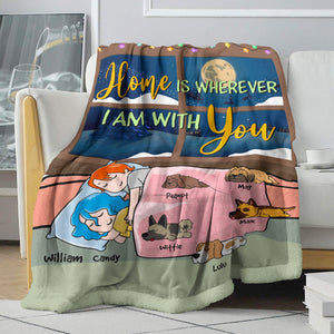Personalized Cartoon Sleeping Couple & Dog Breeds Blanket - Home Is Wherever I Am With You - Blanket - GoDuckee
