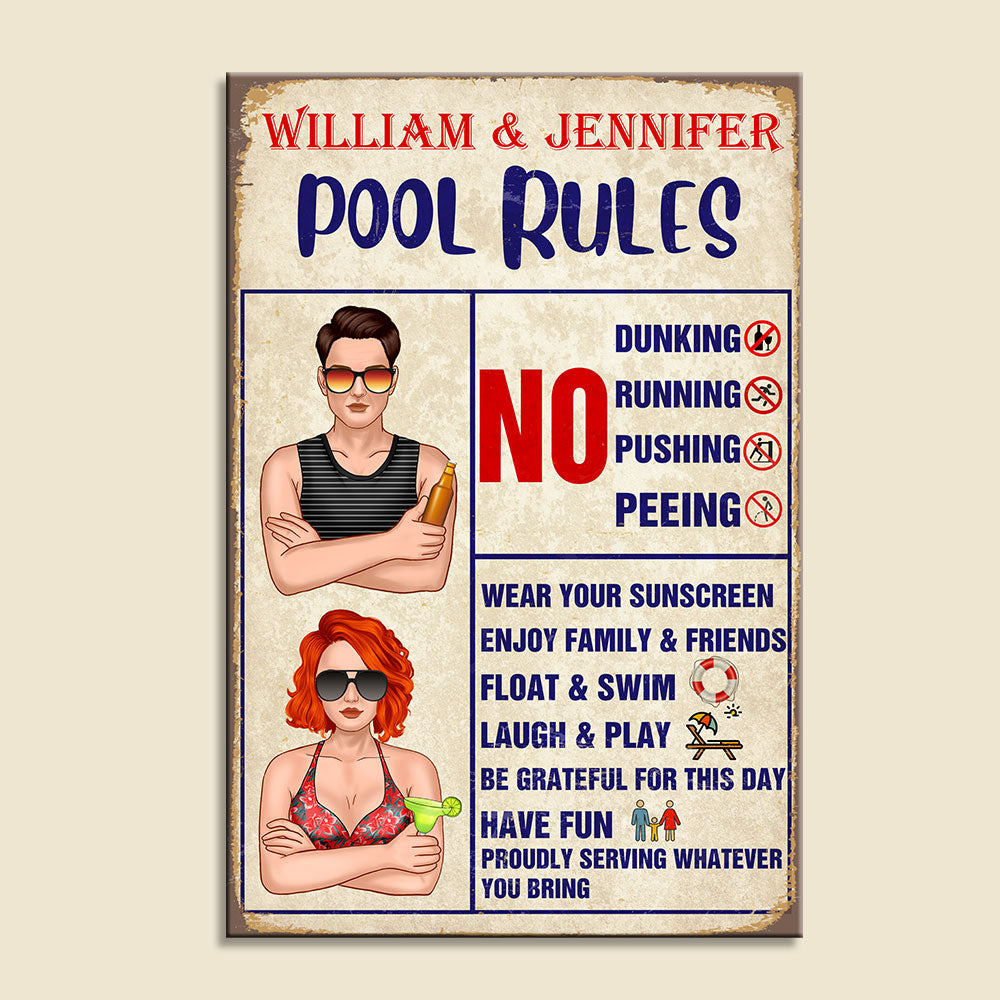 Personalized Swimming Pool Couple Metal Sign - Pool Rules - Metal Wall Art - GoDuckee