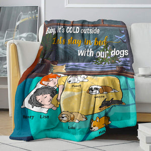 Personalized Cartoon Sleeping Couple & Dog Breeds Blanket - Let's Stay In Bed With Our Dogs - Blanket - GoDuckee