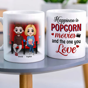 Happiness Is Popcorn Movies And The One You, Couple Cinema White Mug - Coffee Mug - GoDuckee