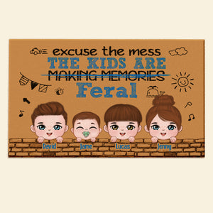 Excuse The Mess The Kids Are Feral, Personalized Door Mat, Gift For Family, Mother's Day Gift, Chibi Little Kids - Doormat - GoDuckee
