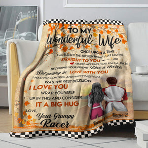 Personalized Racing Couple Blanket - To My Wonderful Wife - Checkered Autumn Background - Blanket - GoDuckee