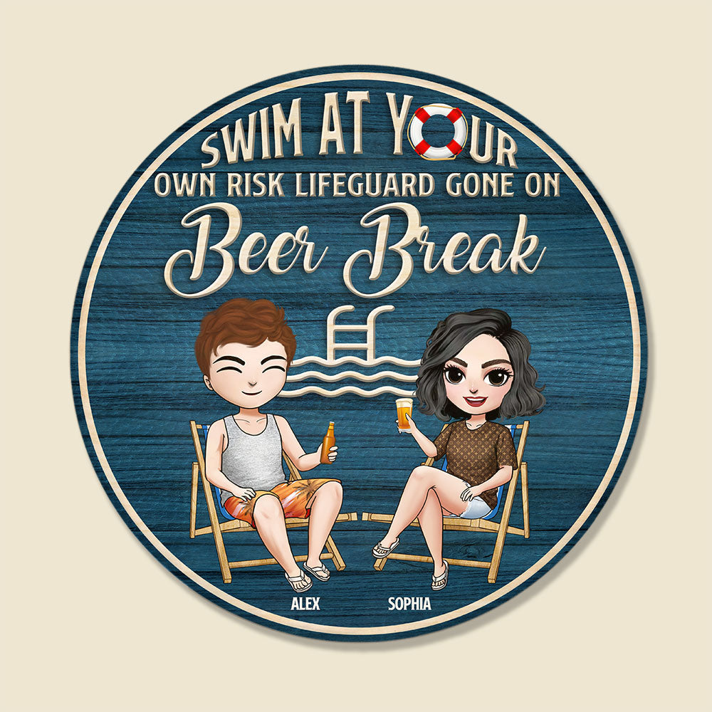 Personalized Swimming Round Wooden Sign Couple Drinking At Swimming Pool - Wood Sign - GoDuckee
