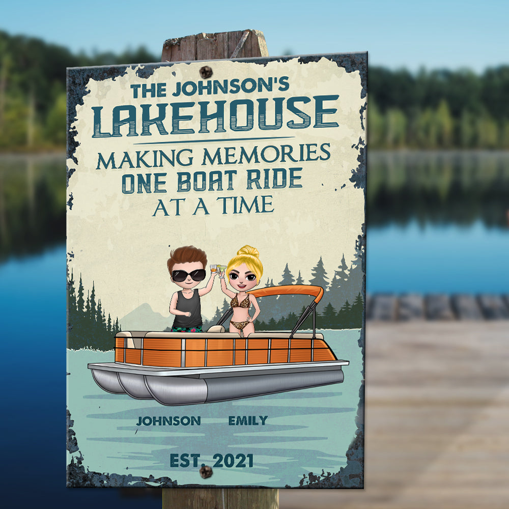 Personalized Pontoon Couple Metal Sign - Pontoon Lakehouse Making Memories One Boat Ride At A Time Fol7-Vd3 - Metal Wall Art - GoDuckee