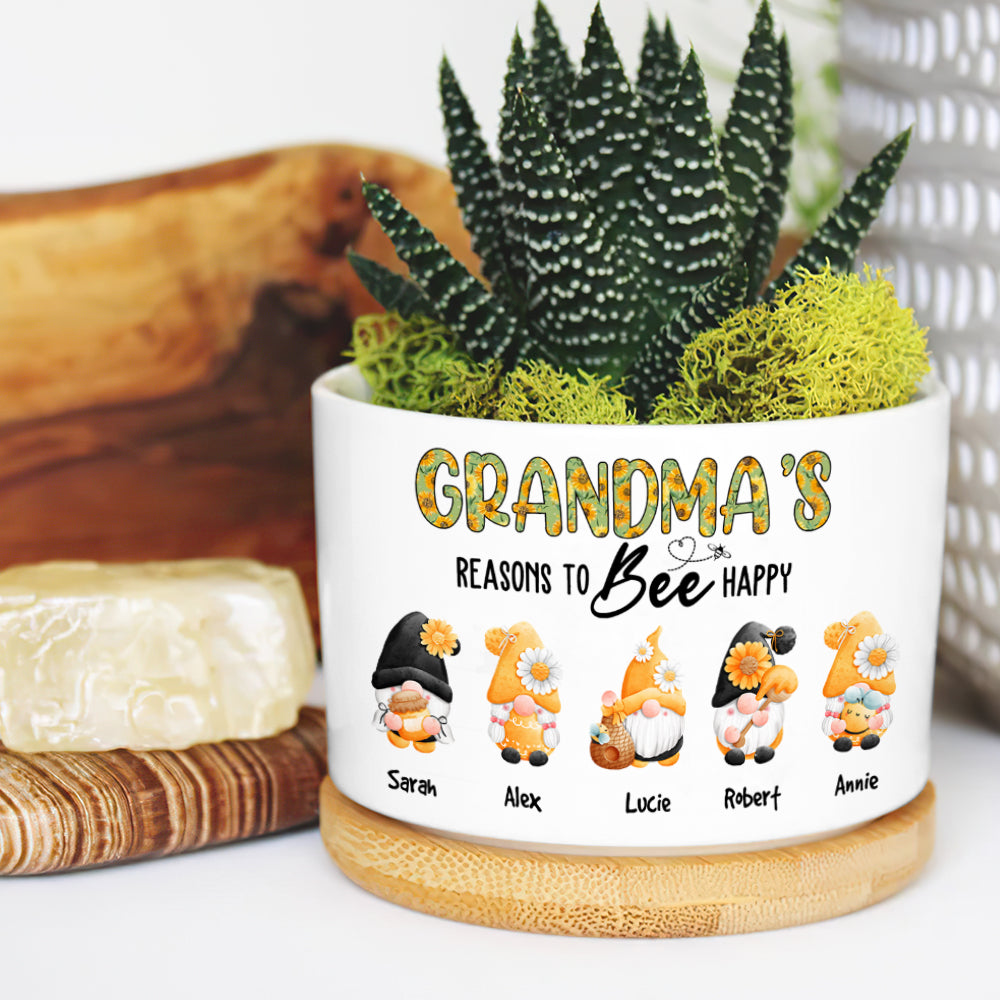 Grandma's Reasons To Bee Happy, Gift For Grandma, Personalized Plant Pot, Gnome Plant Pot - Plant Pot - GoDuckee