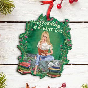 Reading Is My Happy Place Personalized Wood Ornament, Christmas Gift - Ornament - GoDuckee