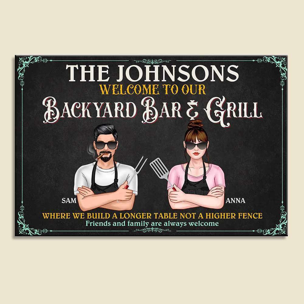 Welcome To Our Backyard Bar And Grill Personalized BBQ Grill Metal Sign, Gift For Family - Metal Wall Art - GoDuckee