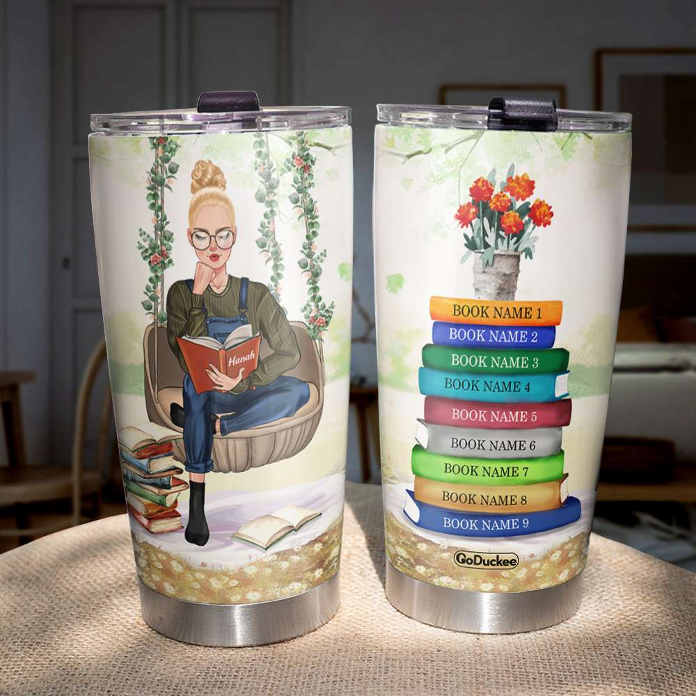 Personalized Reading Girl Tumbler - Girl Sitting On A Flower Swing - Tumbler Cup - GoDuckee