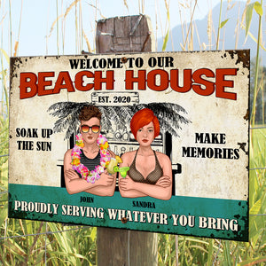Personalized Hawaii Wreath Couple Metal Sign - Welcome To Our Beach House Proudly Serving Whatever you Bring - Metal Wall Art - GoDuckee