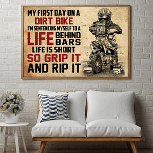 Vintage Motocross Poster - Custom Name, Number - My First Day On A Dirt Bike - Grip It and Rip It - Poster & Canvas - GoDuckee