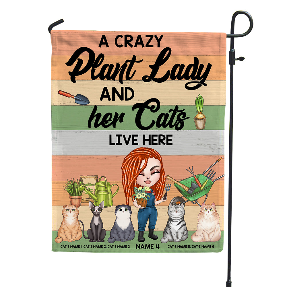 Personalized Gifts For A Crazy Plant Lady. Gardening Doll Girls, And Her Cats Live Here Custom Flag - Flag - GoDuckee