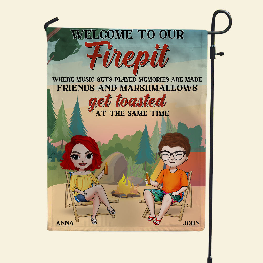 Personalized Camping Flag Friends Drinking Beside Bonfire - Flag - GoDuckee