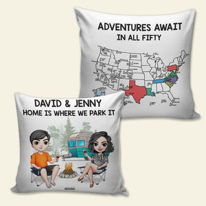 Personalized Camping Pillow Couple Drinking Beside Bonfire - Pillow - GoDuckee