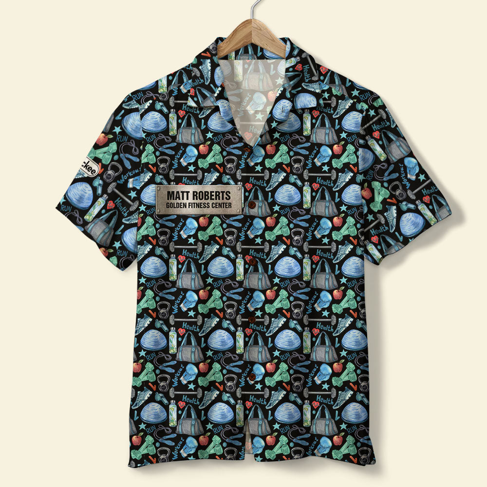 Gym Hawaiian Shirt - Custom Name - Gym Equipment Pattern - Hawaiian Shirts - GoDuckee