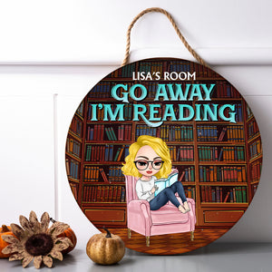 Go Away, I'm Reading - Personalized Round Wooden Sign - Gift For Book Lover - Girl Sitting Reading Book - Wood Sign - GoDuckee