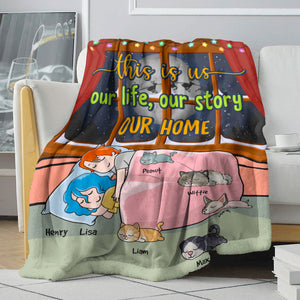 Personalized Cartoon Sleeping Couple & Cat Breeds Blanket - This Is Us Our Life Our Story Our Home - Blanket - GoDuckee
