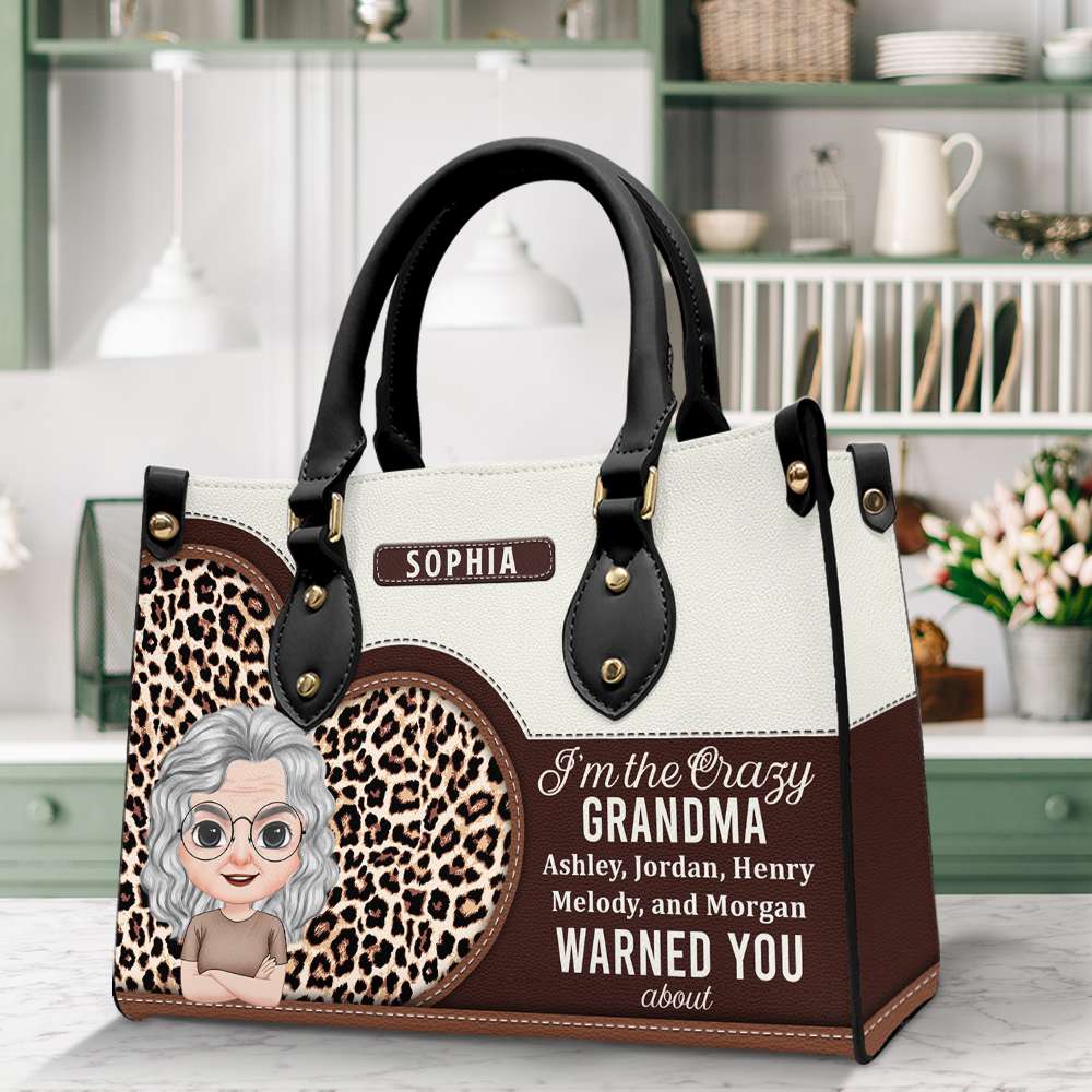 The Crazy Grandma They Warned You About, Personalized Leather Bag, Cool Grandma Leopard Bag, Gift For Grandma - Leather Bag - GoDuckee