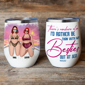 Personalized Bikini Girls Trip Wine Tumbler - There's Nowhere Else I'd Rather Be Than With My Besties Out At Sea - Leopard Pattern - Wine Tumbler - GoDuckee