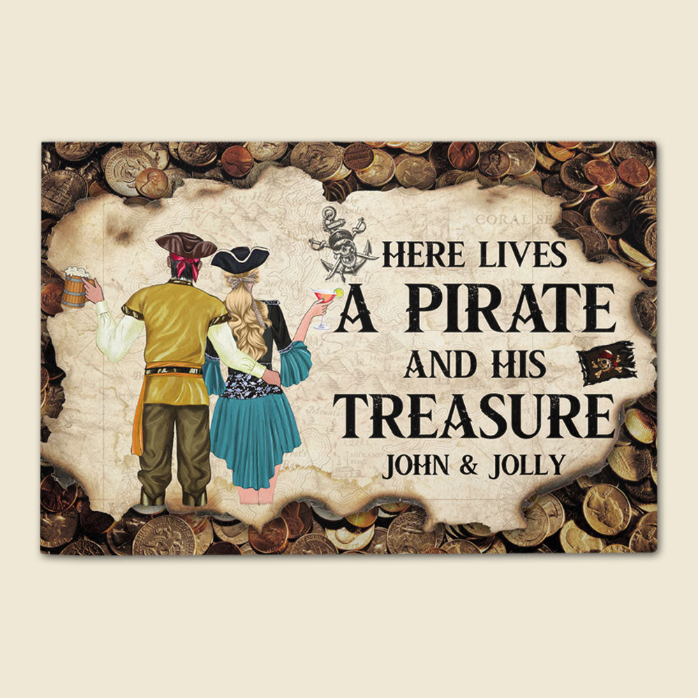 Personalized Pirate Couple Doormat - Here Lives A Pirate And His Treasure - Vintage Coin Theme - Doormat - GoDuckee