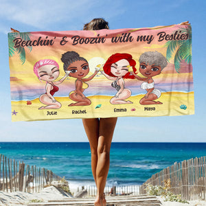 Beachin' & Boozin' With My Besties - Personalized Beach Towel - Gifts For Sisters, BFF, Girls Dolls Trip - Beach Towel - GoDuckee