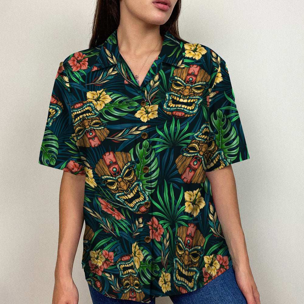 GoDuckee Hawaiian Tiki with Tropical Pattern - Hawaiian Shirt, Aloha Shirt