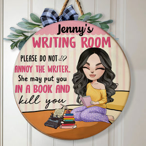 Please Do Not Annoy The Writer - Personalized Round Wooden Sign - Gift For Book Lover - Wood Sign - GoDuckee
