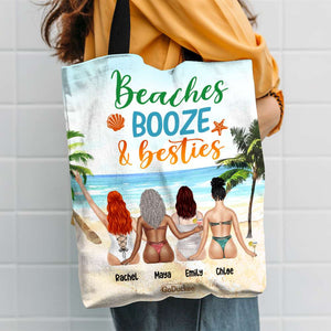 Beaches Booze & Besties - Personalized Tote Bag - Gift For Friends/Besties - Summer Friends Sitting Together Back View frd2104 - Tote Bag - GoDuckee