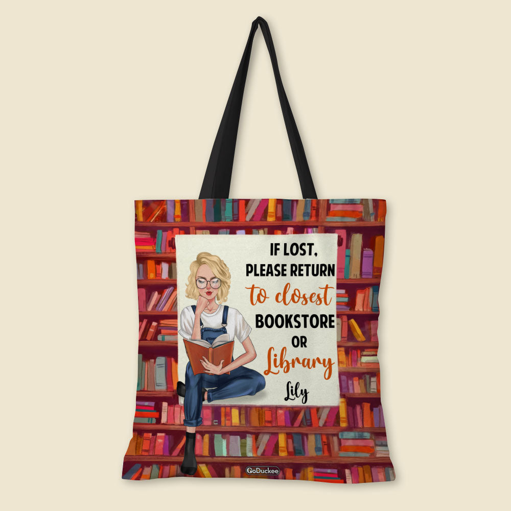 Personalized Book Tote Bag Girl Reading Book If Lost Please Return To Closest Bookstore - Tote Bag - GoDuckee