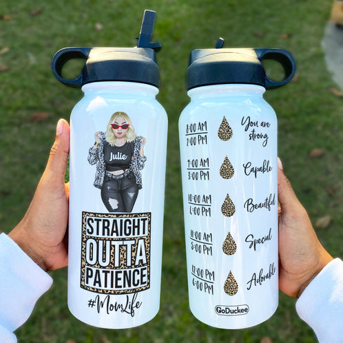 Mother's Day - Personalized Badass Woman Water Bottle - Straight Outta Patience - Leopard Pattern - Water Bottles - GoDuckee