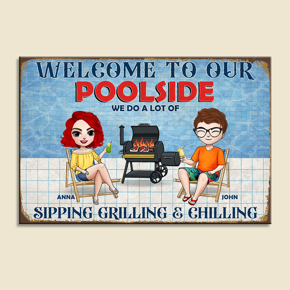Personalized Pool Metal Sign Couple Relaxing At Swimming Pool - Metal Wall Art - GoDuckee