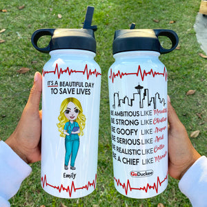 Personalized Nurse Dolls Water Bottle - It's A Beautiful Day To Save Lives - Water Bottles - GoDuckee