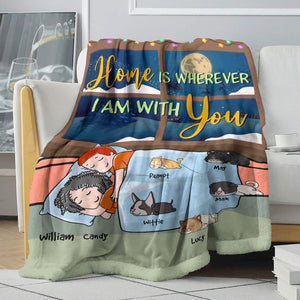 Personalized Cartoon Sleeping Couple & Cat Breeds Blanket - Home Is Wherever I Am With You - Blanket - GoDuckee