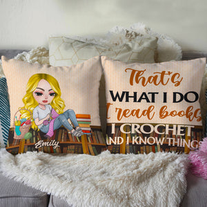 Crochet Book That's What I Do - Personalized Pillow - Girl Sitting Knitting - Pillow - GoDuckee