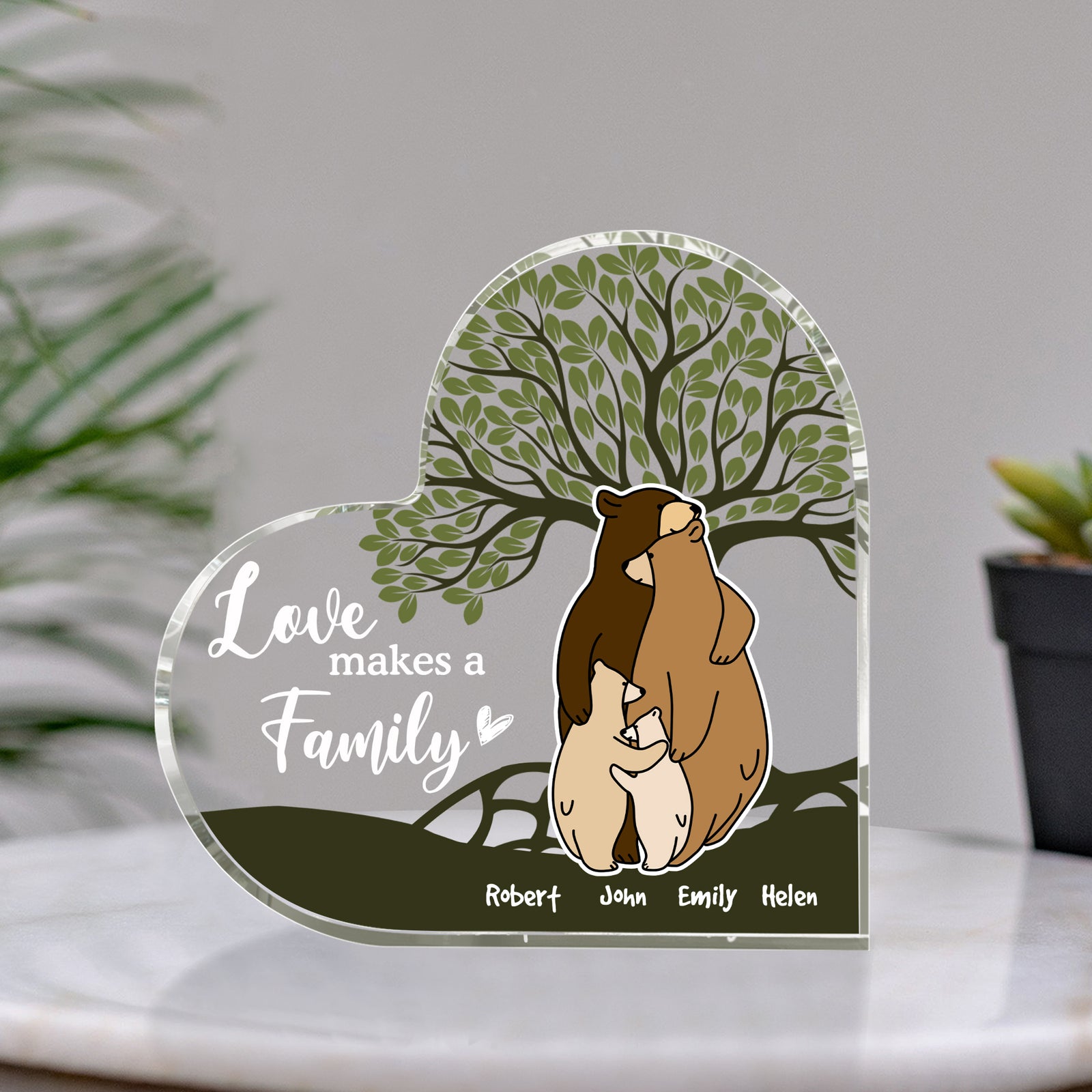 Love Makes A Family, Family Bear Love Personalized Heart Acrylic Plaque, Gift For Family - Decorative Plaques - GoDuckee