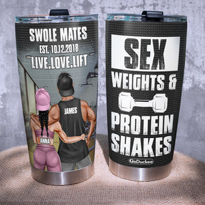 Personalized Gym Couple Tumbler - Sex Weights & Protein Shakes, Gym Couple Hugging Back View - Tumbler Cup - GoDuckee