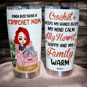 Personalized Crocheting Girl Tumbler - Kinda Busy Being A Crochet Mom - Tumbler Cup - GoDuckee