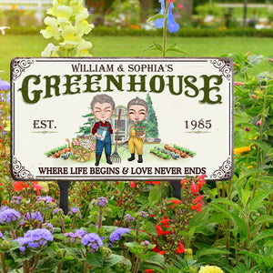 Green House Where Life Begins And Love Never Ends, Couple Gardening Printed Metal Sign - Metal Wall Art - GoDuckee