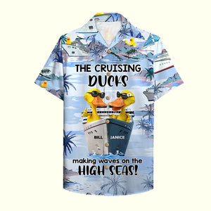 Personalized Cruising Duck Couple Hawaiian Shirt - Making Waves On The High Seas - Cruise & Palm Treen Pattern - Hawaiian Shirts - GoDuckee